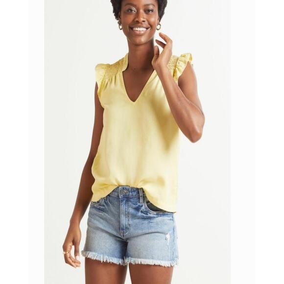 CLOTH & STONE Flocked Flutter Sleeve Blouse Top Yellow Women Medium - Picture 1 of 8